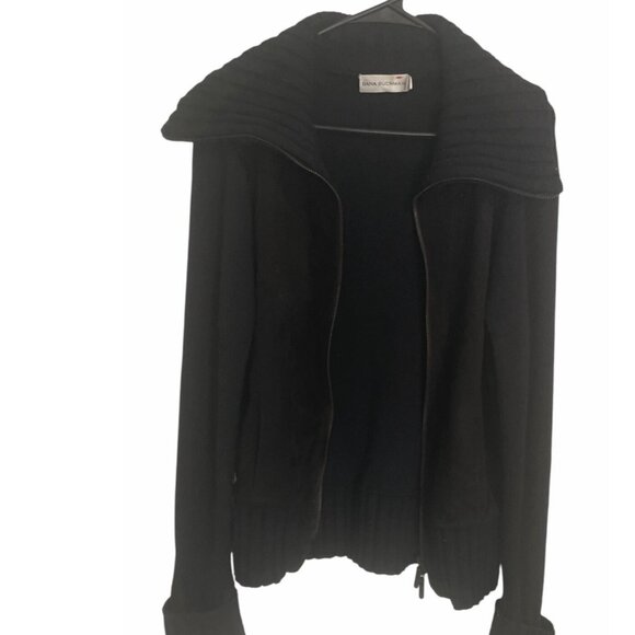 Dana Buchman Womens Black Knit & Suede Zip-Up Cardigan Sweater Jacket Size S War - Picture 2 of 7